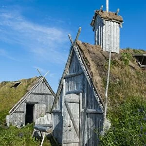 Traditional Viking buildings in the Norstead Viking Village and Port of Trade reconstruction of a Viking Age settlement, Newfoundland, Canada, North America