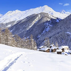 A trail in the snow leads to the traditional huts of Blatten, Zermatt, Canton of Valais (Wallis)