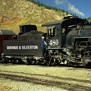 The train driver and engine of the Durango and Silverton