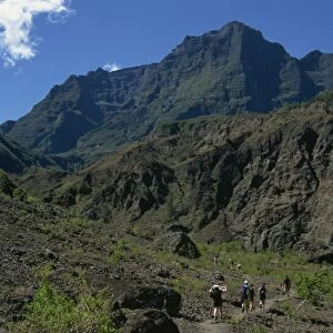 Trekking in crater towards Marla, Cirque de Mafate, Reunion, Africa