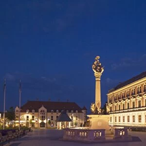 Trinity Column and high school in Main Square, Keszthely, Lake Balaton, Hungary, Europe