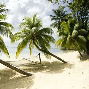 Tropical island beach with hammock at Matangi Island Resort, Vanua Levu, Fiji, Pacific