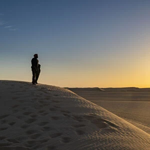 Tuareg standing on a sand dune in the Tenere Desert at sunrise, Sahara, Niger, Africa