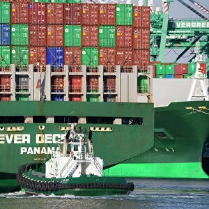 Tugboat and container ship, San Pedro Port, Los Angeles, California, United States of America