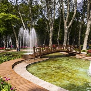 Tulips and fountains in Gulhane Park (Rosehouse Park), Istanbul, Turkey, Europe