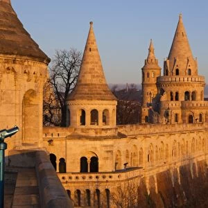 Turrets of Fishermens Bastion (Halaszbastya) at dawn, Buda, Budapest, Hungary, Europe