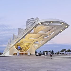 Twilight view of the Museum of Tomorrow (Museu do Amanha) by Santiago Calatrava, Praca Maua