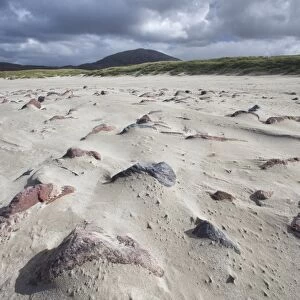 Uig Beach with patterns in the foreground created by wind blowing the sand, Isle of Lewis, Outer Hebrides, Scotland, United Kingdom, Europe