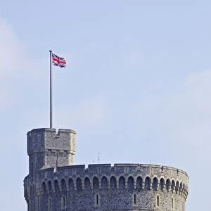 Union Jack flag flying above the Round Tower, Windsor Castle, Windsor, Berkshire