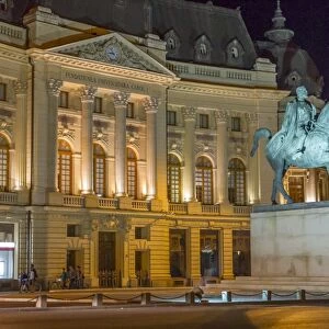 University Library and statue of King Carol I, Bucharest, Romania, Europe