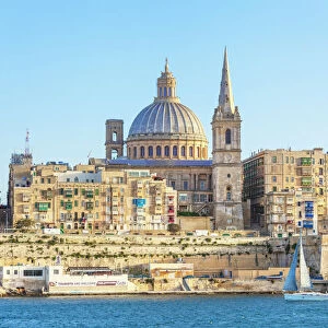 Valletta skyline with the dome of the Carmelite Church and St. Pauls Anglican Cathedral, Valletta, Malta, Mediterranean, Europe
