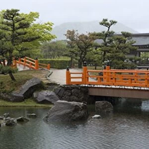 Vermilion-colored bridge at Murasaki Shikibu Park in Takefu City, Fukui, Japan, Asia