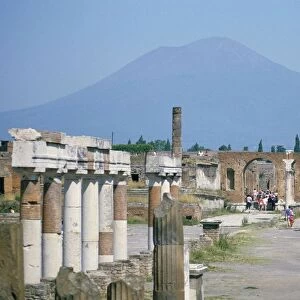 Vesuvius volcano from ruins of Forum buildings in Roman town