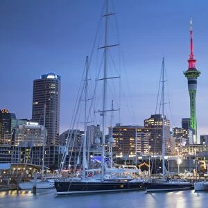 Viaduct Harbour and Sky Tower at dusk, Auckland, North Island, New Zealand, Pacific