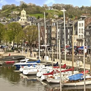 The Vieux Bassin, Old Town and boats moored along the quay, Honfleur, Calvados, Normandy, France, Europe