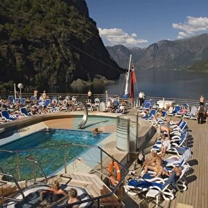 View over the aft pool and sundeck, Flaams, Fjordland, Norway, Scandinavia, Europe