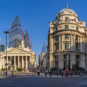 View of the Bank of England and Royal Exchange with The City of London backdrop, London