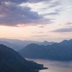 View of The Bay of Kotor at sunset, UNESCO World Heritage Site, Montenegro, Europe