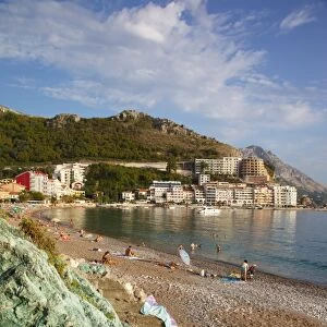 View of beach, Becici, Budva Bay, Montenegro, Europe