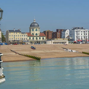 View of beach front houses and Worthing Beach from the pier, Worthing, West Sussex