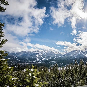 View of blue skies over Whistler Blackcomb from Sprout Mountain, British Columbia