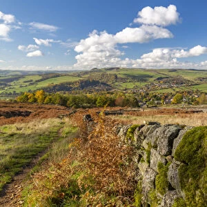 View of Calver from Curbar Edge during autumn, Derbyshire, Peak District National Park