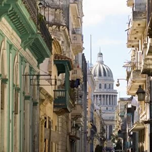A view of the Capitolio seen through the streets of Habana Viejo (old town)