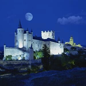 View of castle illuminated, Segovia, Spain, Europe