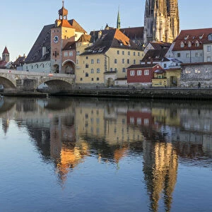 View to the Cathedral of St. Peter, the Stone Bridge and the Bridge Tower, Regensburg