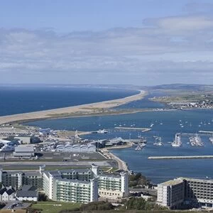 View of Chesil Beach from the hilltop of the Isle of Portland, Dorset, England
