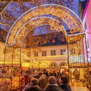 View of Christmas Market in Willi-Horter-Platz in historic town centre at Christmas, Koblenz, Rhineland-Palatinate, Germany, Europe