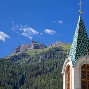 View over church, Canazei, Val di Fassa, Trentino-Alto Adige, Italy, Europe