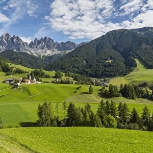 View of Church and mountain backdrop, Val di Funes, Bolzano Province, Trentino-Alto
