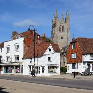 View of church and Woolpack Hotel, High Street, Tenterden, Kent, England, United Kingdom, Europe