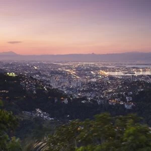 View over city centre at dusk, Rio de Janeiro, Brazil, South America
