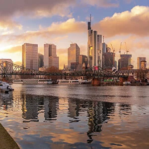 View of city skyline and River Main at sunset, Frankfurt am Main, Hesse, Germany, Europe