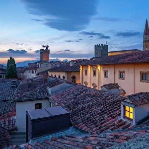View of city skyline and rooftops from Palazzo della Fraternita dei Laici at dusk, Arezzo, Province of Arezzo, Tuscany, Italy, Europe