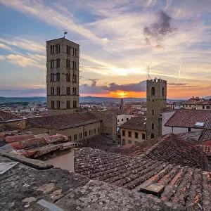 View of city skyline and rooftops from Palazzo della Fraternita dei Laici at sunset, Arezzo, Province of Arezzo, Tuscany, Italy, Europe