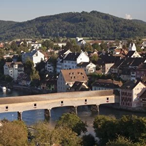 View over Diessenhofen with historic wooden bridge, Canton Schaffhausen, Switzerland, Europe