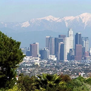 View of downtown Los Angeles looking towards San Bernardino Mountains, California
