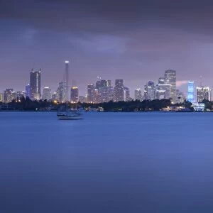 View of Downtown from South Beach at dusk, Miami Beach, Miami, Florida, United States of America
