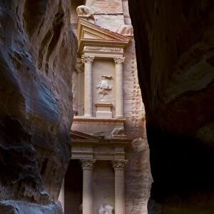 View of El Kazneh (The Treasury) from the Siq, Petra, UNESCO World Heritage Site
