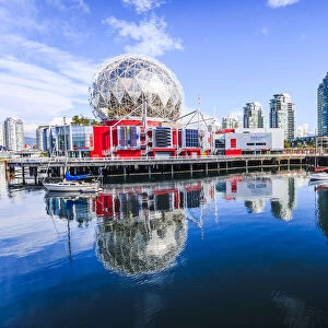 View of False Creek and Vancouver skyline, including World of Science Dome, Vancouver