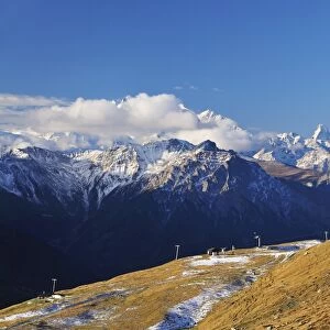 View from Fiescheralp of Matterhorn and Mischabel in background, Switzerland, Europe
