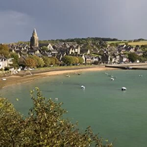 View over fishing village on River Rance, Saint-Suliac, Brittany, France, Europe