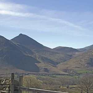 View through gateway across Newlands Valley to Causey Pike, Lake District National Park
