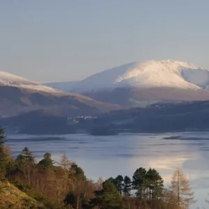 View from Grange road over Derwentwater to Saddleback [Blencathra], Lake District National Park, Cumbria, England, United Kingdom, Europe