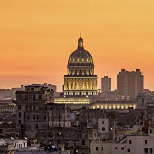 View over Habana Vieja towards El Capitolio at sunset, Havana, La Habana Province, Cuba