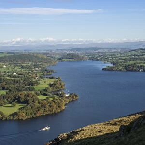 View from Hallin Fell over Lake Ullswater, Penrith and the Pennine in the distance, Lake District National Park, Cumbria, England, United Kingdom, Europe