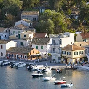 View over the harbour from hillside, Loggos, Paxos, Paxi, Corfu, Ionian Islands, Greek Islands, Greece, Europe